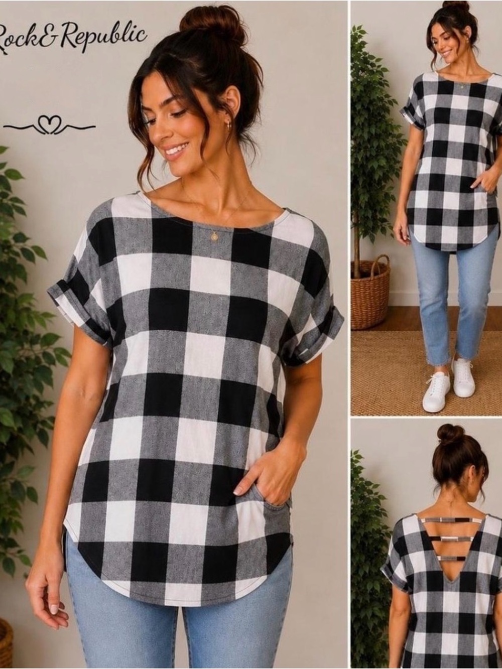 Rock & Republic Black & White Buffalo Plaid Short Sleeve Tunic